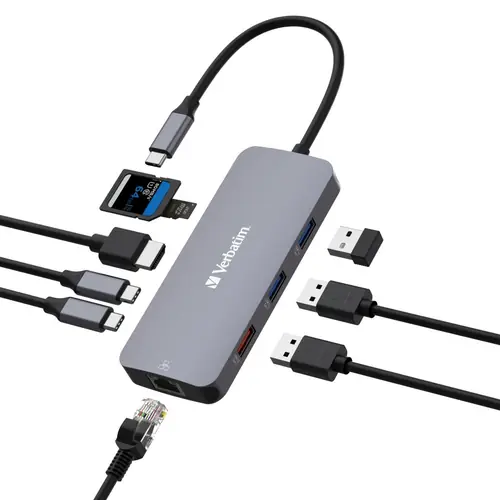 Hub Verbatim CMH-09 #32152 USB-C Pro, 9 priključaka, HDMI/RJ45/2x USB-C/USB-A 3.2 Gen2/2x USB-A 3.2 Gen1/SD/microSD-2