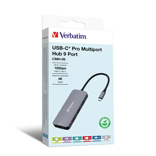 Hub Verbatim CMH-09 #32152 USB-C Pro, 9 priključaka, HDMI/RJ45/2x USB-C/USB-A 3.2 Gen2/2x USB-A 3.2 Gen1/SD/microSD-3
