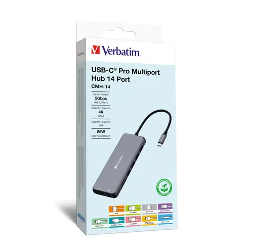 Hub Verbatim CMH-14 #32154 USB-C Pro, 14 priključaka, 2x HDMI/VGA/RJ45/3x USB-A 3.2 Gen1/USB-C 3.2 Gen1/2x USB-A 2.0/SD/microSD/Audio/USB-C-3