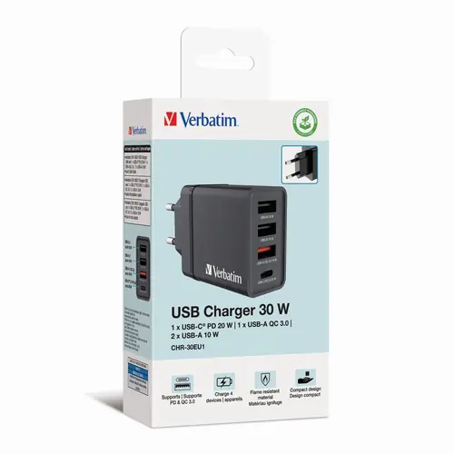 Punjač zidni Verbatim #49700 1xUSB-C/PD 20W/1xUSB-A QC 3.0/2xUSB-A 10W, EU, crni-1