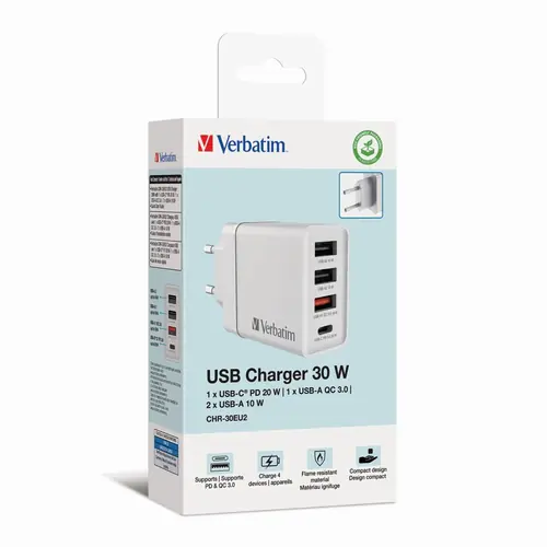 Punjač zidni Verbatim #49701 1xUSB-C/PD 20W/1xUSB-A QC 3.0/2xUSB-A 10W, EU, bijeli-1