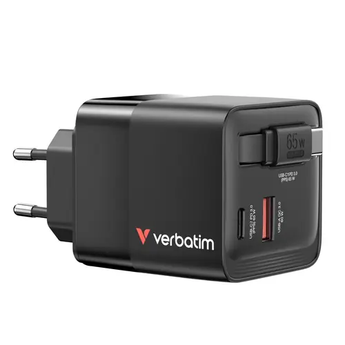 Punjač zidni Verbatim GaN #32217 65W s uvlačivim kabelom, 1xUSB-C PD 65W/1xUSB-A QC 3.0 (EN/UK/US)-0