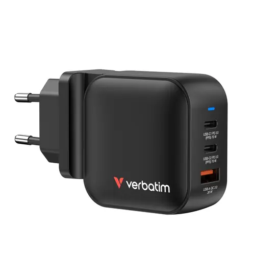 Wall charger Verbatim Mini GaN #32229 70W, 3 connections; 2xUSB-C PD 70W/1xUSB-A QC 3.0 (EN/UK/US)-0
