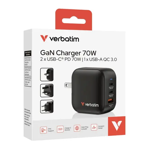 Wall charger Verbatim Mini GaN #32229 70W, 3 connections; 2xUSB-C PD 70W/1xUSB-A QC 3.0 (EN/UK/US)-2
