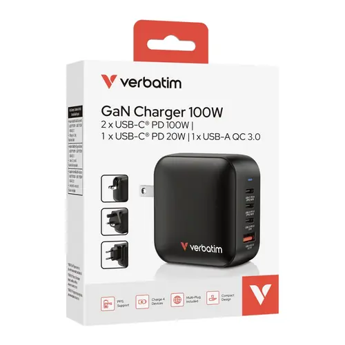 Punjač zidni Verbatim Mini GaN #32231 100W, 4 priključka; 2xUSB-C PD 100W/1xUSB-C PD 20W/1x USB-A QC 3.0 (EN/UK/US)-2
