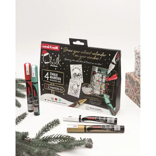 Marker Uni božićni gift set Chalk kreda marker (traditional) pwe-5m 4 kom + 2 šablone u kutiji (set 03) 4/1 302422407-3