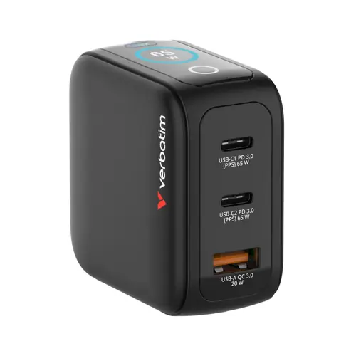 Punjač zidni sa zaslonom Verbatim Mini GaN #30238 65W, 3 priključka; 2xUSB-C PD 65W/1xUSB-A QC 3.0 (EN/UK/US)-1