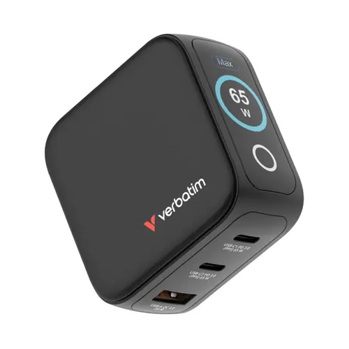 Punjač zidni sa zaslonom Verbatim Mini GaN #30238 65W, 3 priključka; 2xUSB-C PD 65W/1xUSB-A QC 3.0 (EN/UK/US)-2