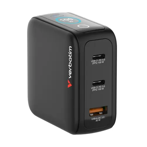 Punjač zidni sa zaslonom Verbatim Mini GaN #30239 100W, 3 priključka; 2xUSB-C PD 100W/1xUSB-A QC 3.0 (EN/UK/US)-1
