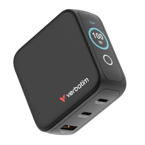 Punjač zidni sa zaslonom Verbatim Mini GaN #30239 100W, 3 priključka; 2xUSB-C PD 100W/1xUSB-A QC 3.0 (EN/UK/US)-2