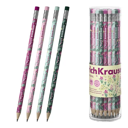 Graphite pencil ErichKrause Floral Soul HB with eraser round assorted 62775-0
