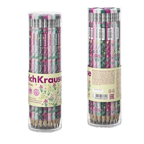 Graphite pencil ErichKrause Floral Soul HB with eraser round assorted 62775-3