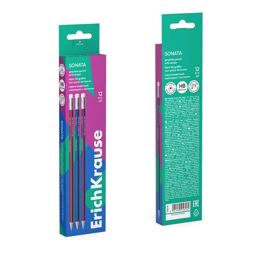 Graphite pencil ErichKrause Sonata HB with eraser triangular assorted 12/1 45616-3