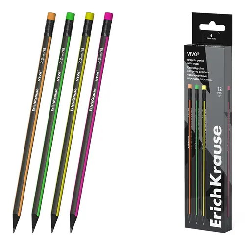 Graphite pencil ErichKrause Vivo HB with eraser triangular assorted 12/1 45622-0