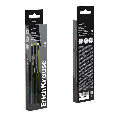 Graphite pencil ErichKrause Vivo HB with eraser triangular assorted 12/1 45622-3