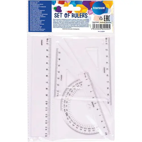 Geometry set (ruler 15cm, 2 pcs set squares, protractor) blister 4/1 80949-0