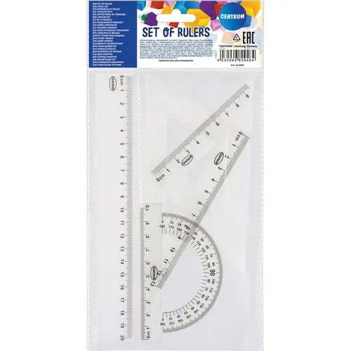 Geometry set (ruler 20cm, 2 pcs set squares, protractor) blister 4/1 80946-0
