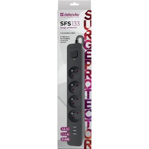 Produžni kabel Defender SFS 133, zaštita od prenapona, 1.5m, 4 utičnice, USB, crni-2