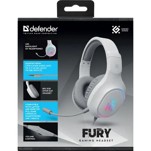 Slušalice Defender Gaming Fury, mikrofon, bijele-3