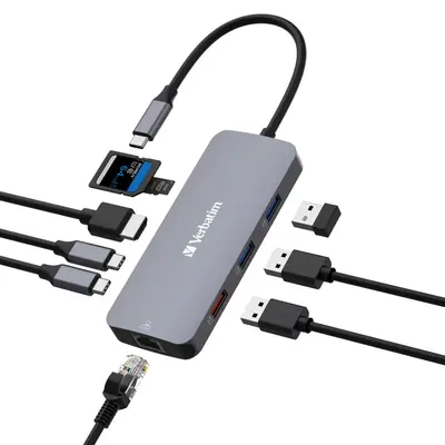 Hub Verbatim CMH-09 #32152 USB-C Pro, 9 priključaka, HDMI/RJ45/2x USB-C/USB-A 3.2 Gen2/2x USB-A 3.2 Gen1/SD/microSD-2