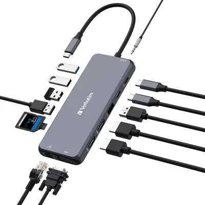 Hub Verbatim CMH-14 #32154 USB-C Pro, 14 priključaka, 2x HDMI/VGA/RJ45/3x USB-A 3.2 Gen1/USB-C 3.2 Gen1/2x USB-A 2.0/SD/microSD/Audio/USB-C-2