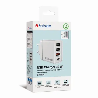 Punjač zidni Verbatim #49701 1xUSB-C/PD 20W/1xUSB-A QC 3.0/2xUSB-A 10W, EU, bijeli-1