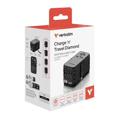 Adapter Verbatim CNT-02 GaN III #32127 Charge'n'Travel 85W, 3xUSB-C/1xUSB-A/uvlačivi USB-C kabel (EN/UK/US)-3