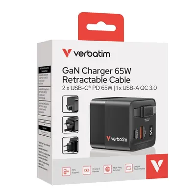Punjač zidni Verbatim GaN #32217 65W s uvlačivim kabelom, 1xUSB-C PD 65W/1xUSB-A QC 3.0 (EN/UK/US)-3