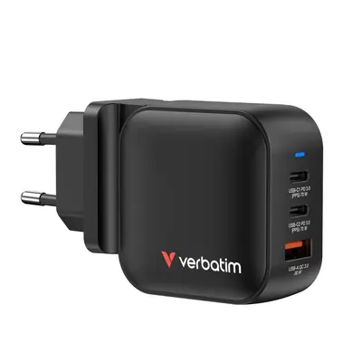 Punjač zidni Verbatim Mini GaN #32229 70W, 3 priključka; 2xUSB-C PD 70W/1xUSB-A QC 3.0 (EN/UK/US)