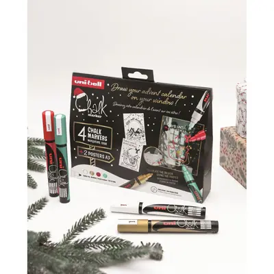 Marker Uni božićni gift set Chalk kreda marker (traditional) pwe-5m 4 kom + 2 šablone u kutiji (set 03) 4/1 302422407-3