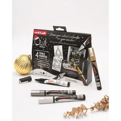 Marker Uni božićni gift set Chalk_kreda marker (elegant) pwe-5m 4 kom + 2 šablone u kutiji (set 04) 4/1 302422408-2