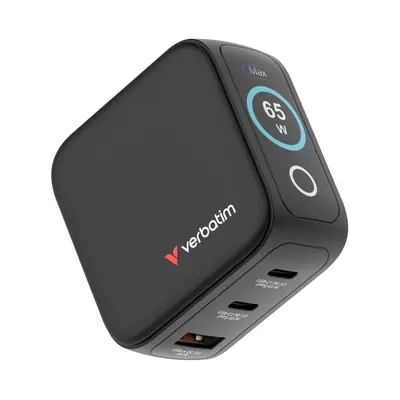 Punjač zidni sa zaslonom Verbatim Mini GaN #30238 65W, 3 priključka; 2xUSB-C PD 65W/1xUSB-A QC 3.0 (EN/UK/US)-2