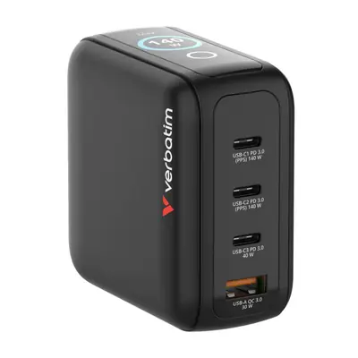 Punjač zidni sa zaslonom Verbatim Mini GaN #30240 140W, 4 priključka; 3xUSB-C PD 140W/1xUSB-A QC 3.0 (EN/UK/US)-1